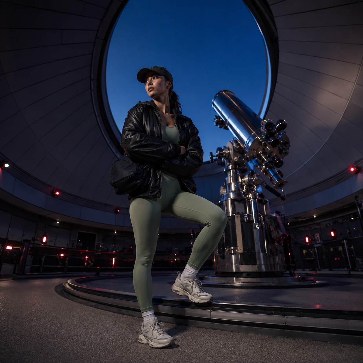 Woman in athletic wear and jacket poses beside a large telescope inside a domed observatory at dusk