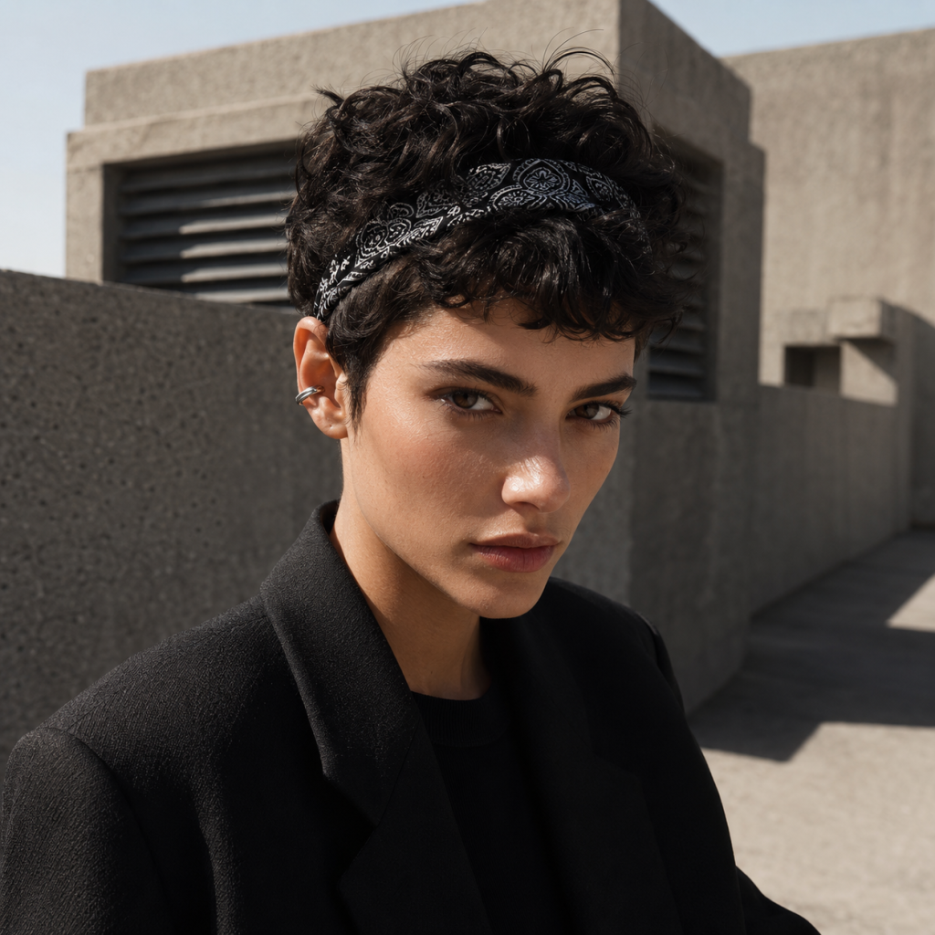 Close-up portrait of a person with short curly hair and bandana, wearing a black jacket outdoors by concrete walls