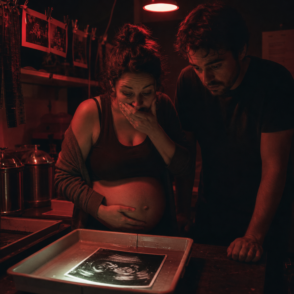 Pregnant woman and man in darkroom, startled while looking at an ultrasound photo in a developing tray under red light