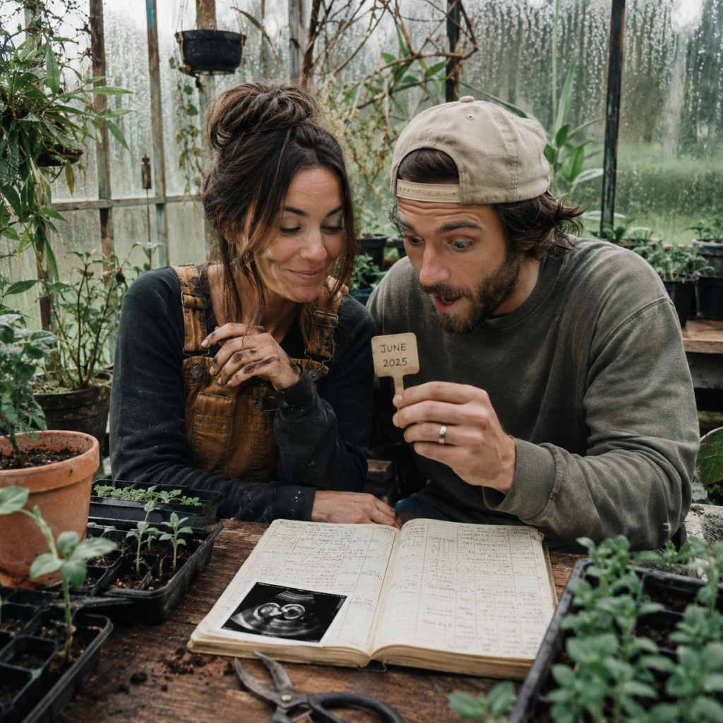 Couple in greenhouse checking notebook and holding plant marker labeled “June 2025” amid seedling trays