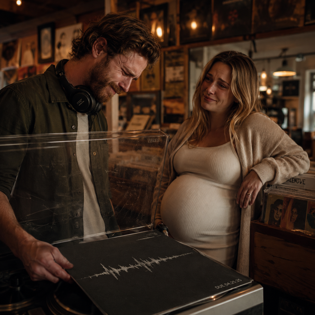 Man looking at a record on a turntable while a pregnant woman smiles beside him in a cozy record shop.