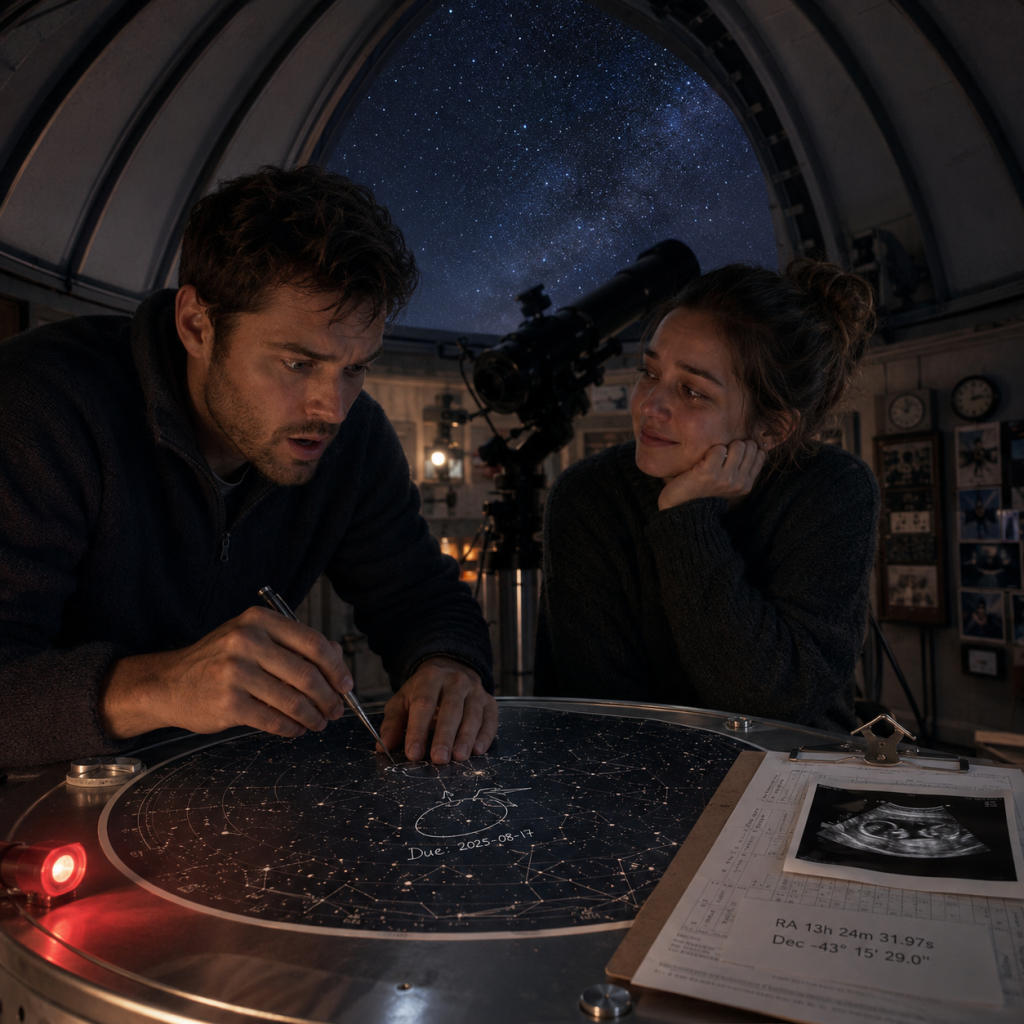 Man sketches on a star chart in an observatory as a woman watches, telescope behind and Milky Way visible overhead.