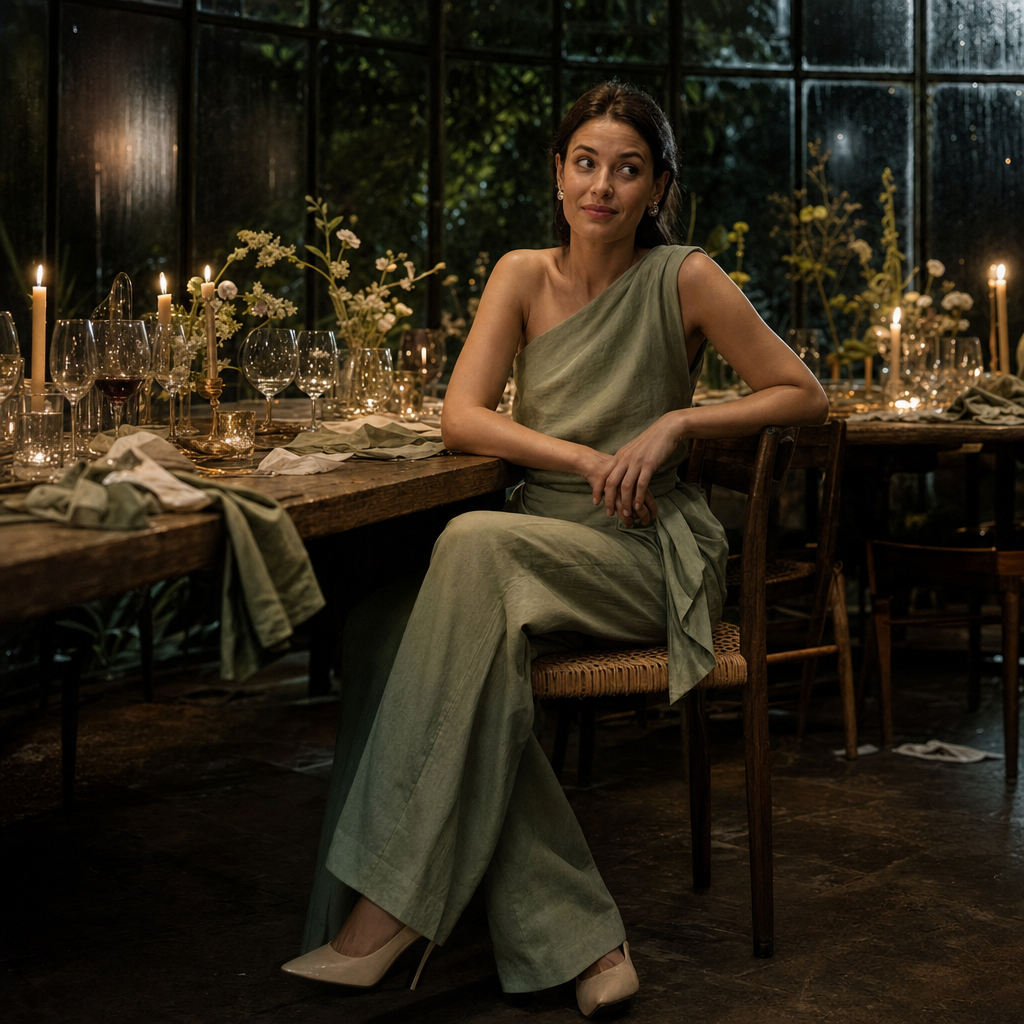 Woman in one-shoulder green dress seated at candlelit table with glassware and flowers, in a windowed room at night