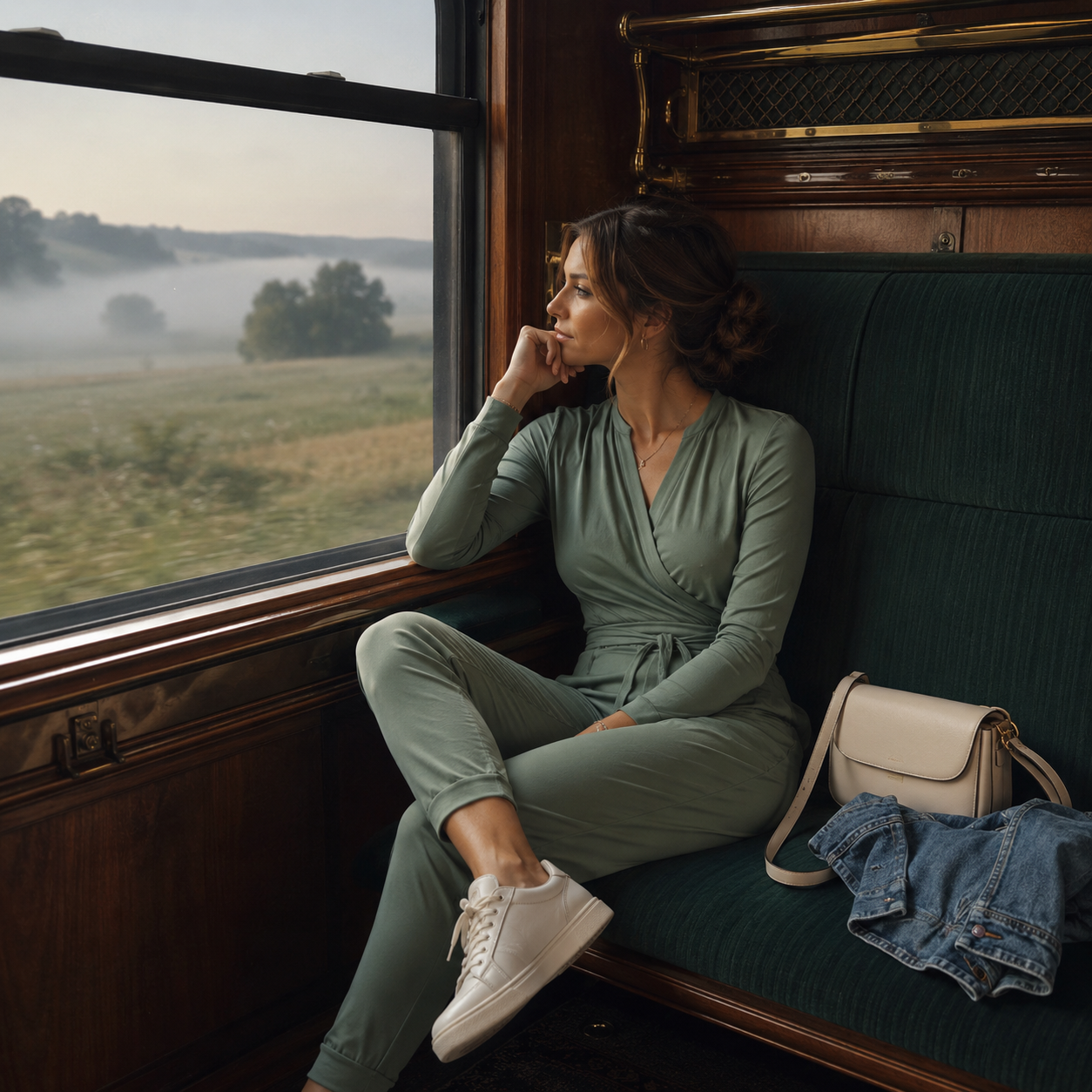 Woman in green outfit sits on vintage train seat, gazing out window at misty countryside, bag beside her