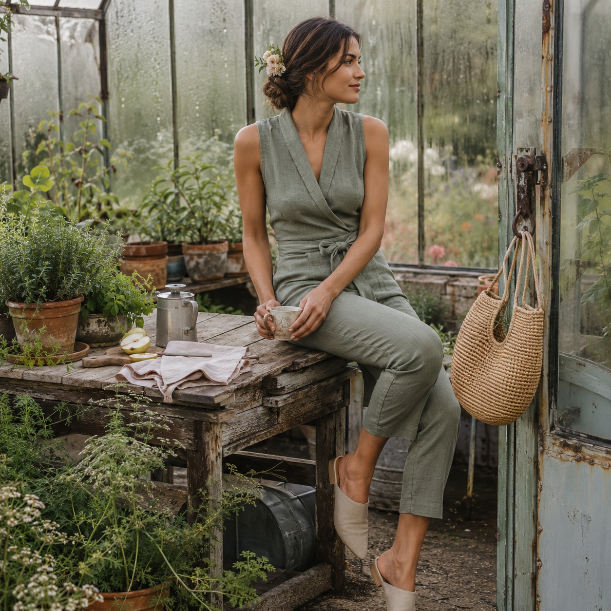 Woman in green jumpsuit sits in a greenhouse holding a mug beside a rustic table with plants and a hanging straw bag.