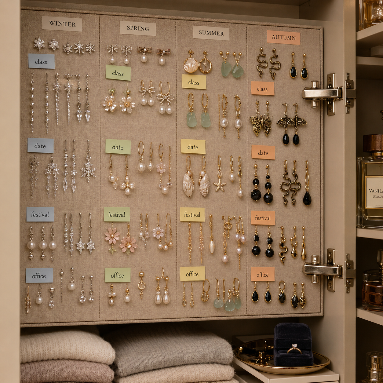 Earring organizer in a cabinet labeled by season and occasion, holding many pairs of earrings in gold and silver.