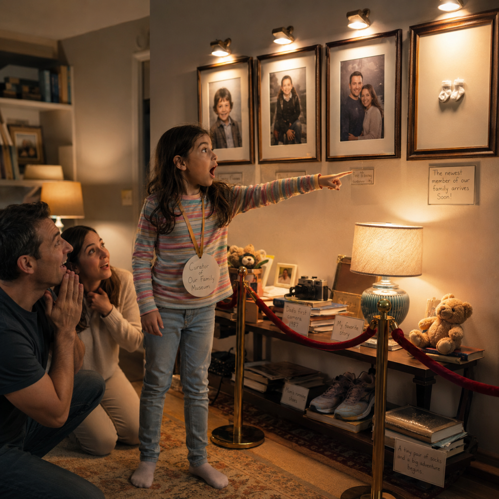 Girl points excitedly at framed family photos on a wall as two adults kneel beside her in a cozy living room.