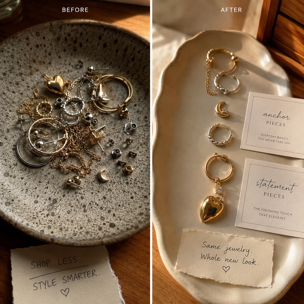 Before-and-after jewelry: tangled earrings and chains in a bowl vs neatly arranged gold pieces on a tray with cards