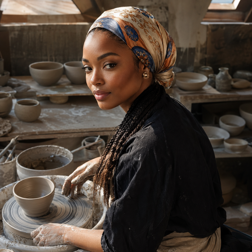 Potter shaping a clay bowl on a wheel in a studio, wearing a patterned headscarf and looking at the camera