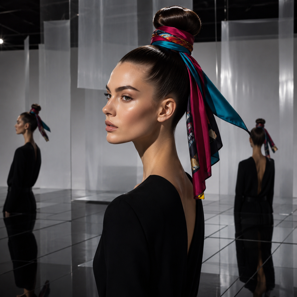Woman in black dress with high bun and colorful scarf, standing in mirrored room with reflections