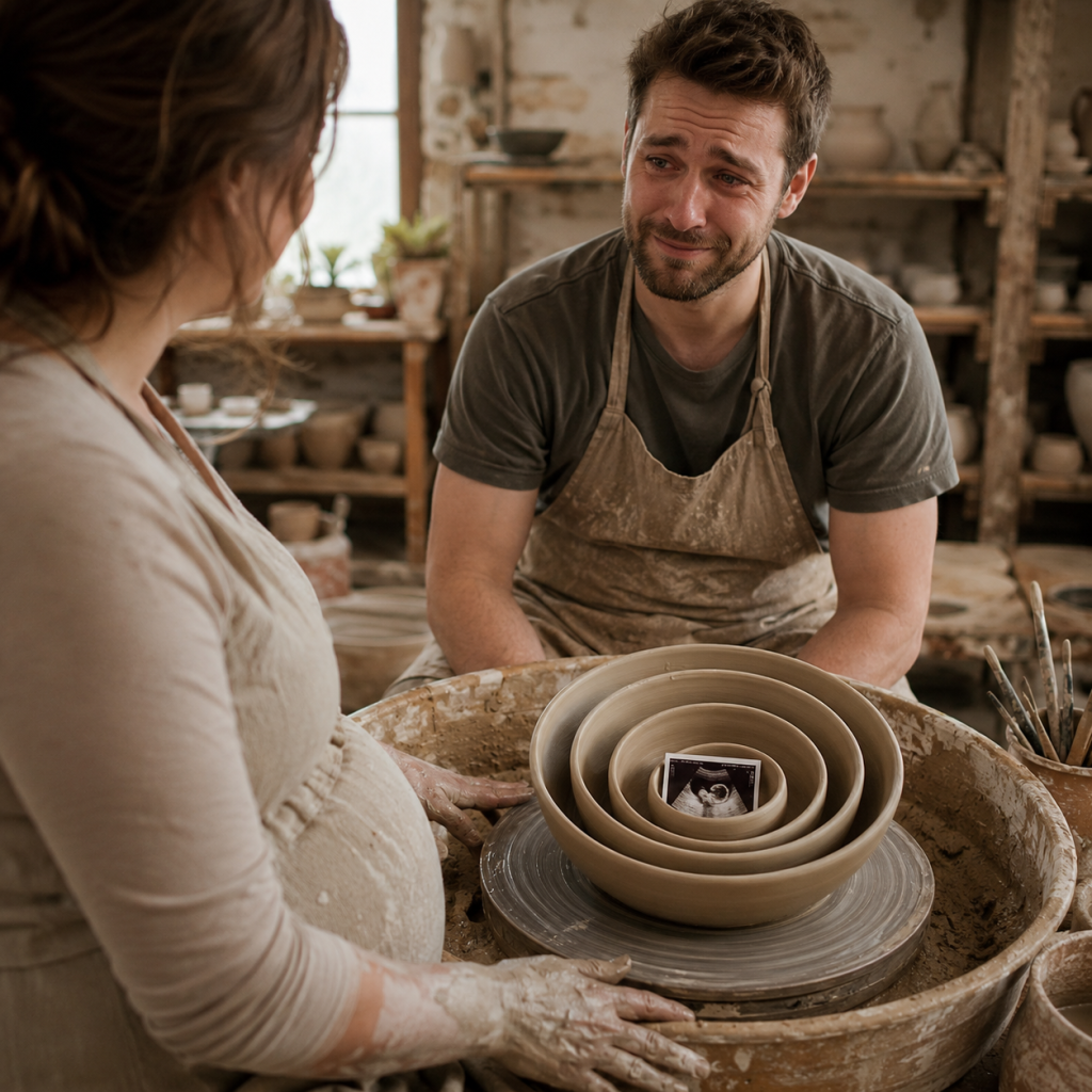 Potter and pregnant woman at a pottery wheel with nested clay bowls holding an ultrasound photo.