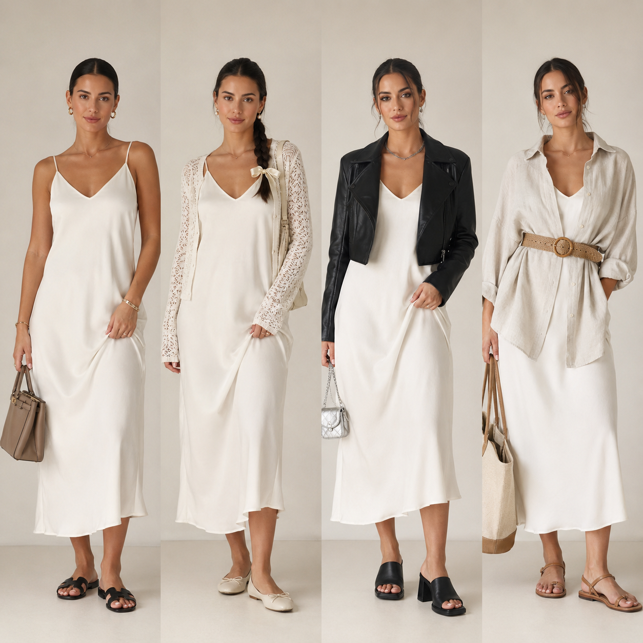 Four looks styling a white slip dress: with a tan handbag, lace cardigan, black leather jacket, and belted linen shirt with a tote.