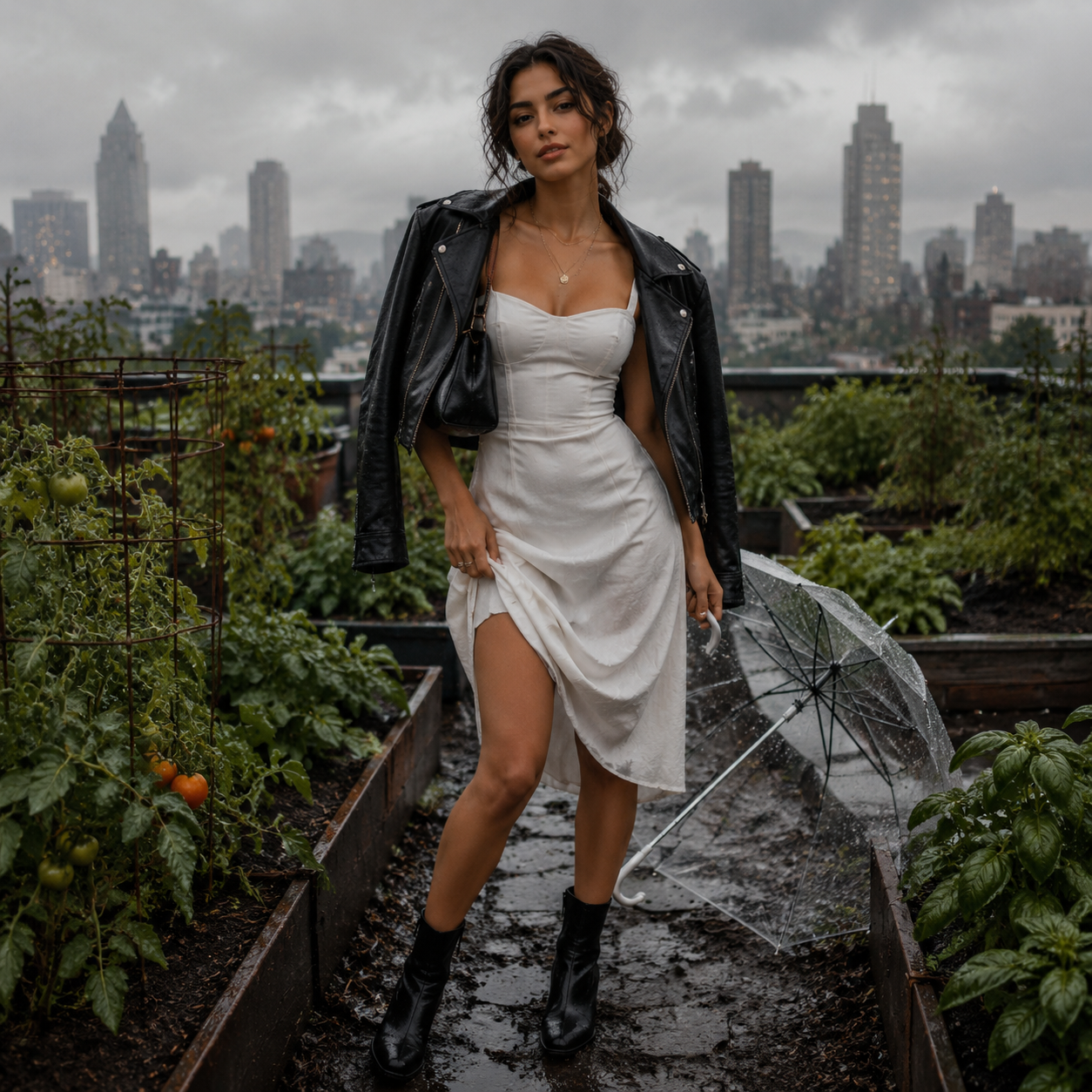 Woman in white dress and leather jacket posing in rainy rooftop garden, city skyline behind, clear umbrella on ground