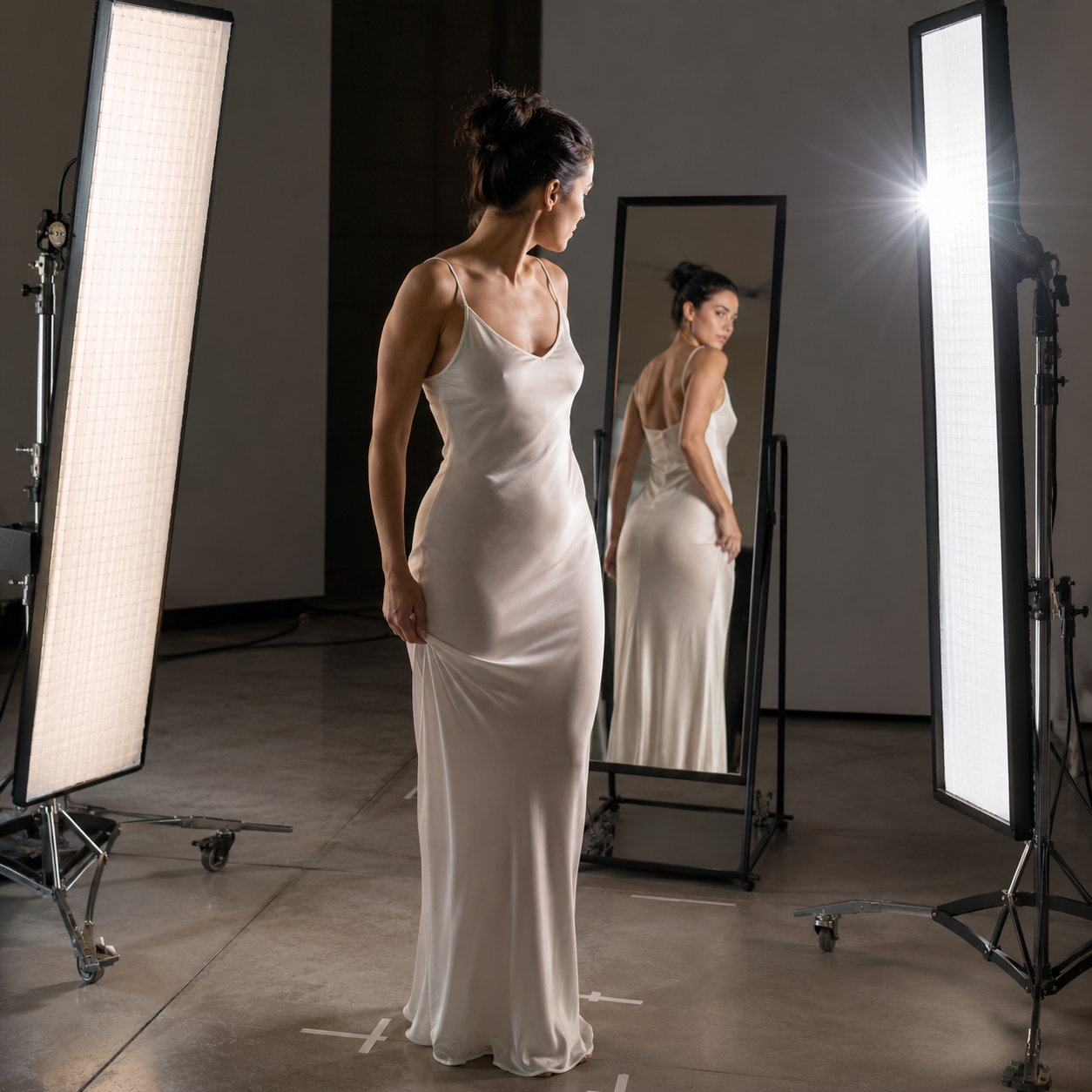 Woman in a white slip dress stands between studio lights, looking into a mirror that reflects her back view as she adjusts the fabric.