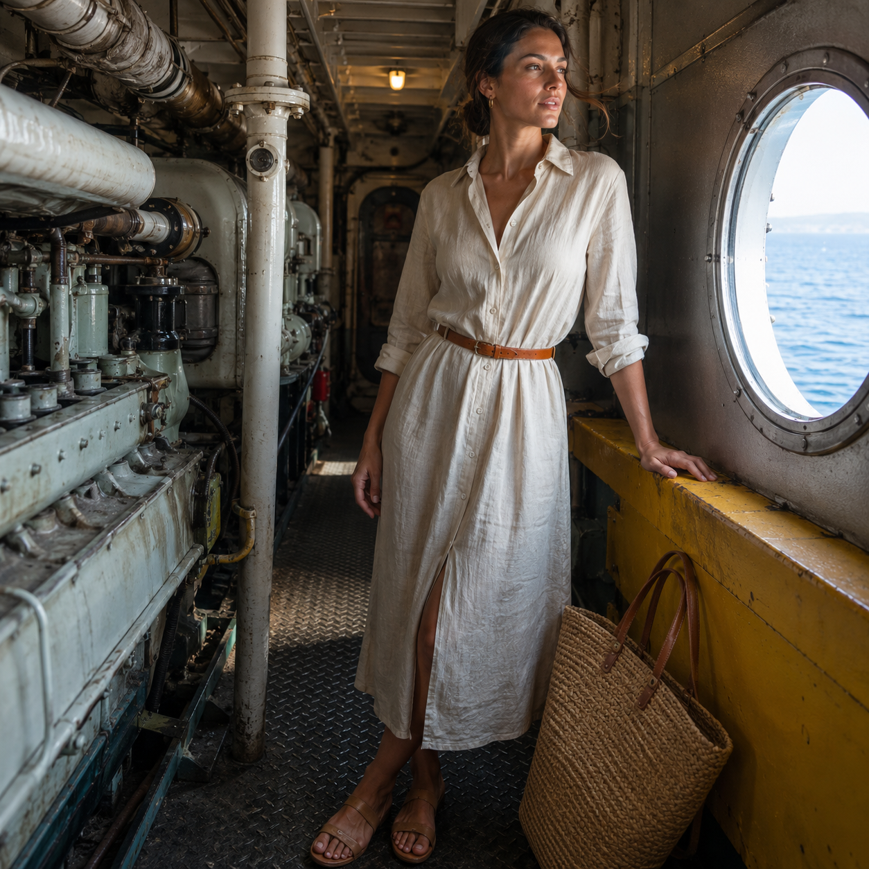 A woman in a cream linen dress with a brown belt stands in a ship's engine room, gazing out a porthole at the sea. A woven straw bag rests on the yellow ledge beside her.