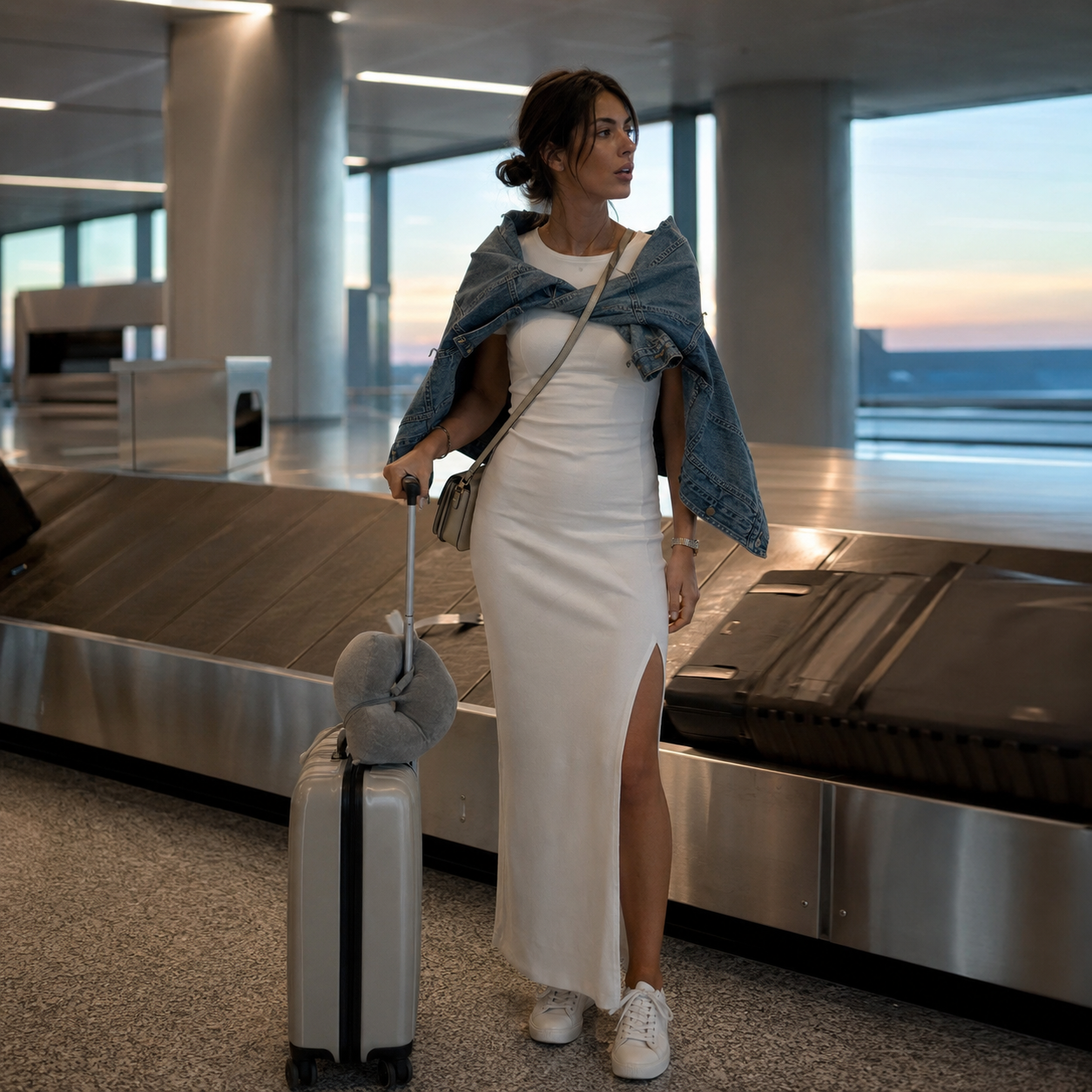 Woman in white dress and denim jacket stands at airport baggage claim holding a silver suitcase with a grey neck pillow, looking off to the side.