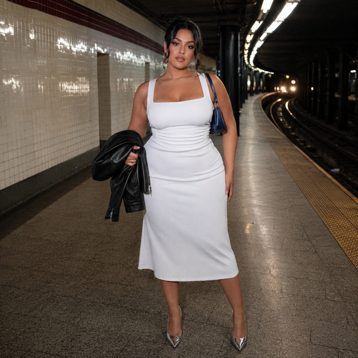 Woman in a white midi dress and silver heels stands on a subway platform, holding a black leather jacket and wearing a blue shoulder bag.
