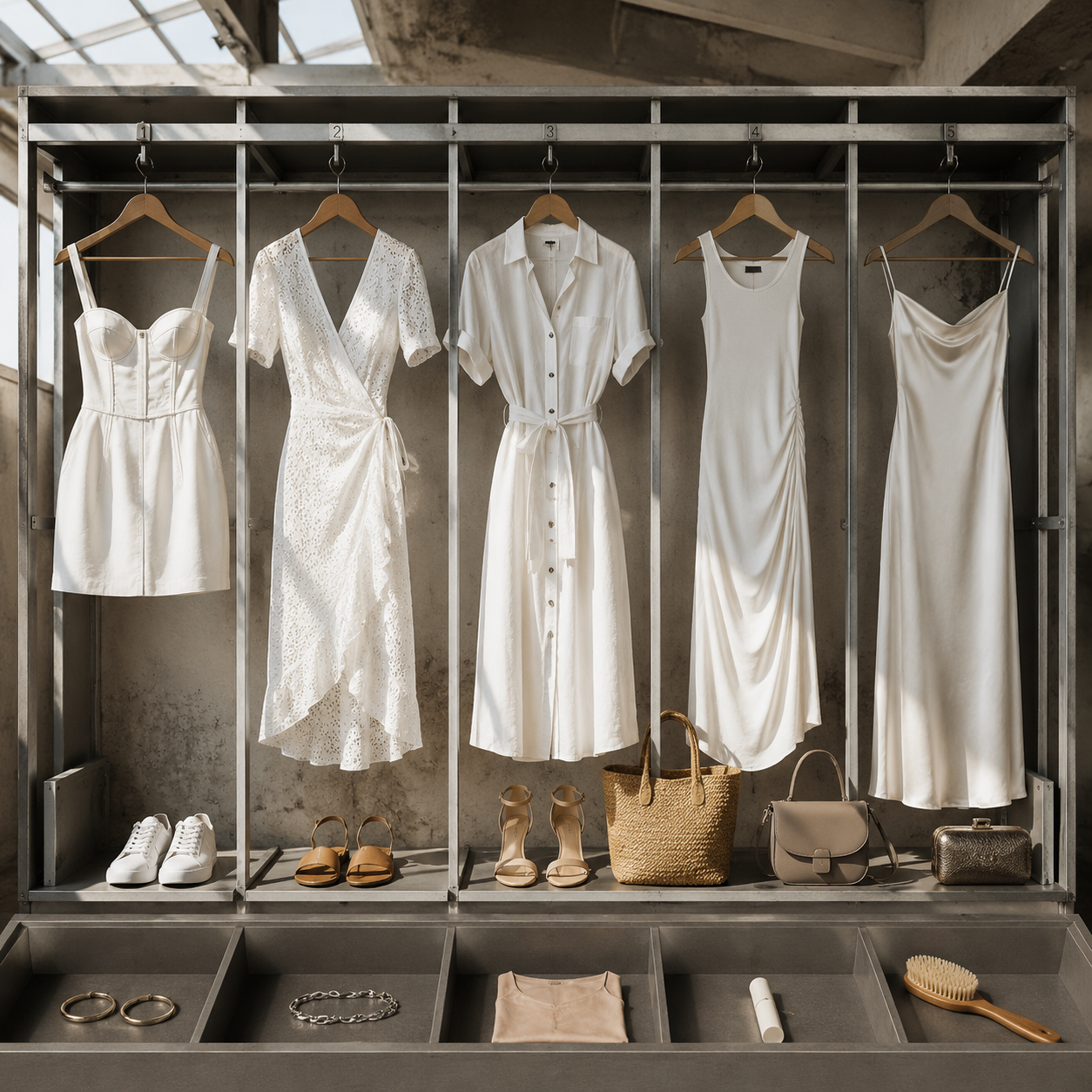 Five numbered white dresses hang in a metal rack above shoes and bags. Bottom drawers hold jewelry, a folded top, and a hairbrush.