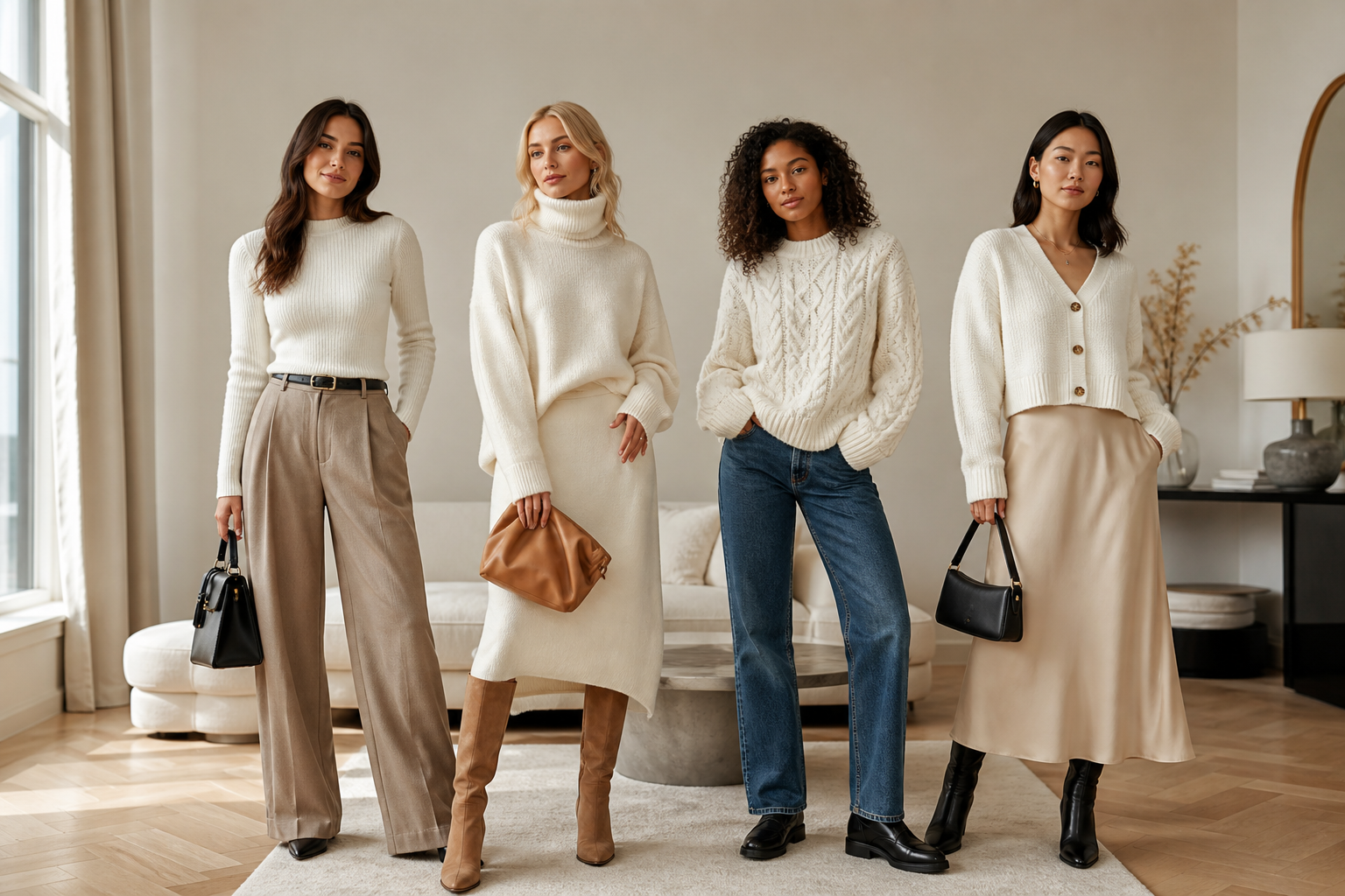 Four diverse women model cream knitwear: a ribbed sweater with wide-leg trousers, a turtleneck with a midi skirt, a cable-knit with jeans, and a cardigan with a satin skirt.