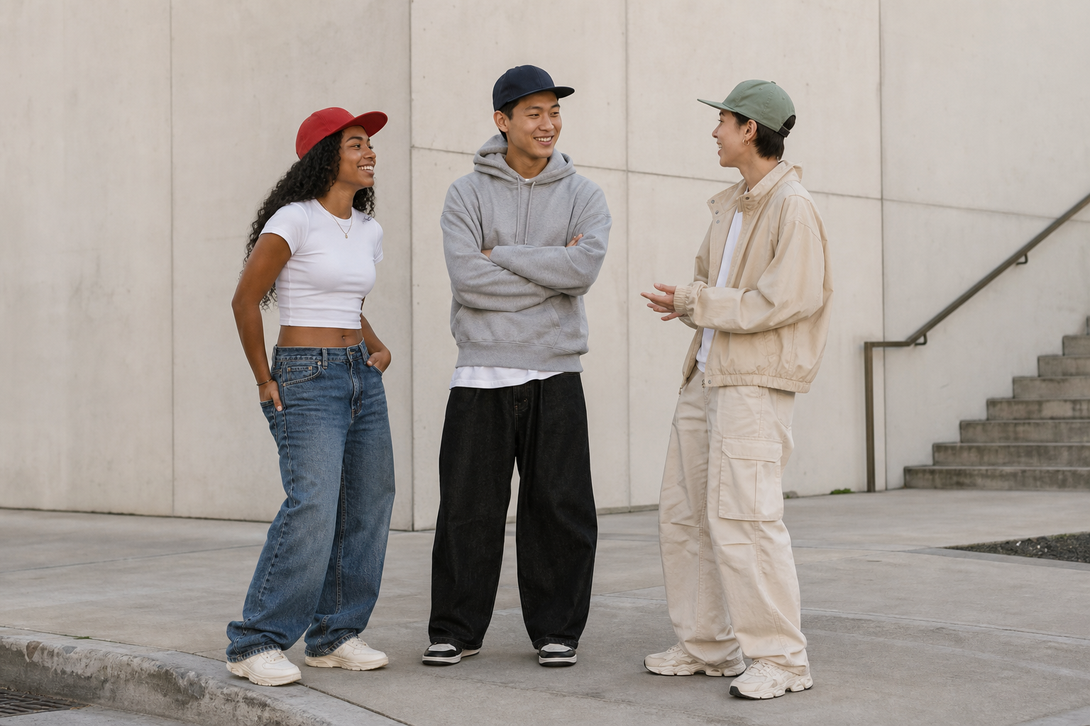 Three smiling friends chat outdoors against a concrete wall. A woman in a red cap and jeans stands left, a man in a grey hoodie and black cap stands center with arms crossed, and a person in a beige outfit and green cap gestures while speaking on the right.