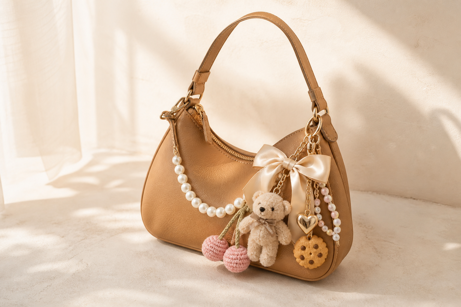 Tan leather handbag decorated with a pearl chain, satin bow, plush teddy bear, crocheted pink cherries, gold heart charm, and cookie keychain.