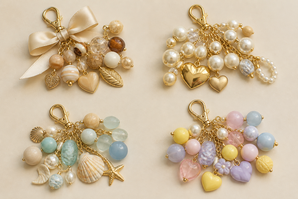 Four gold charm bracelets: top left with beige bow and earthy beads; top right with pearls and gold hearts; bottom left with sea-themed blue beads, shells, and starfish; bottom right with pastel pink, yellow, and purple beads.