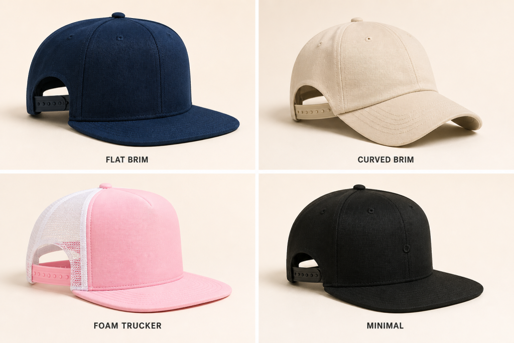 A grid of four hats: navy flat brim, beige curved brim, pink foam trucker with white mesh, and black minimal. Each is labeled below.