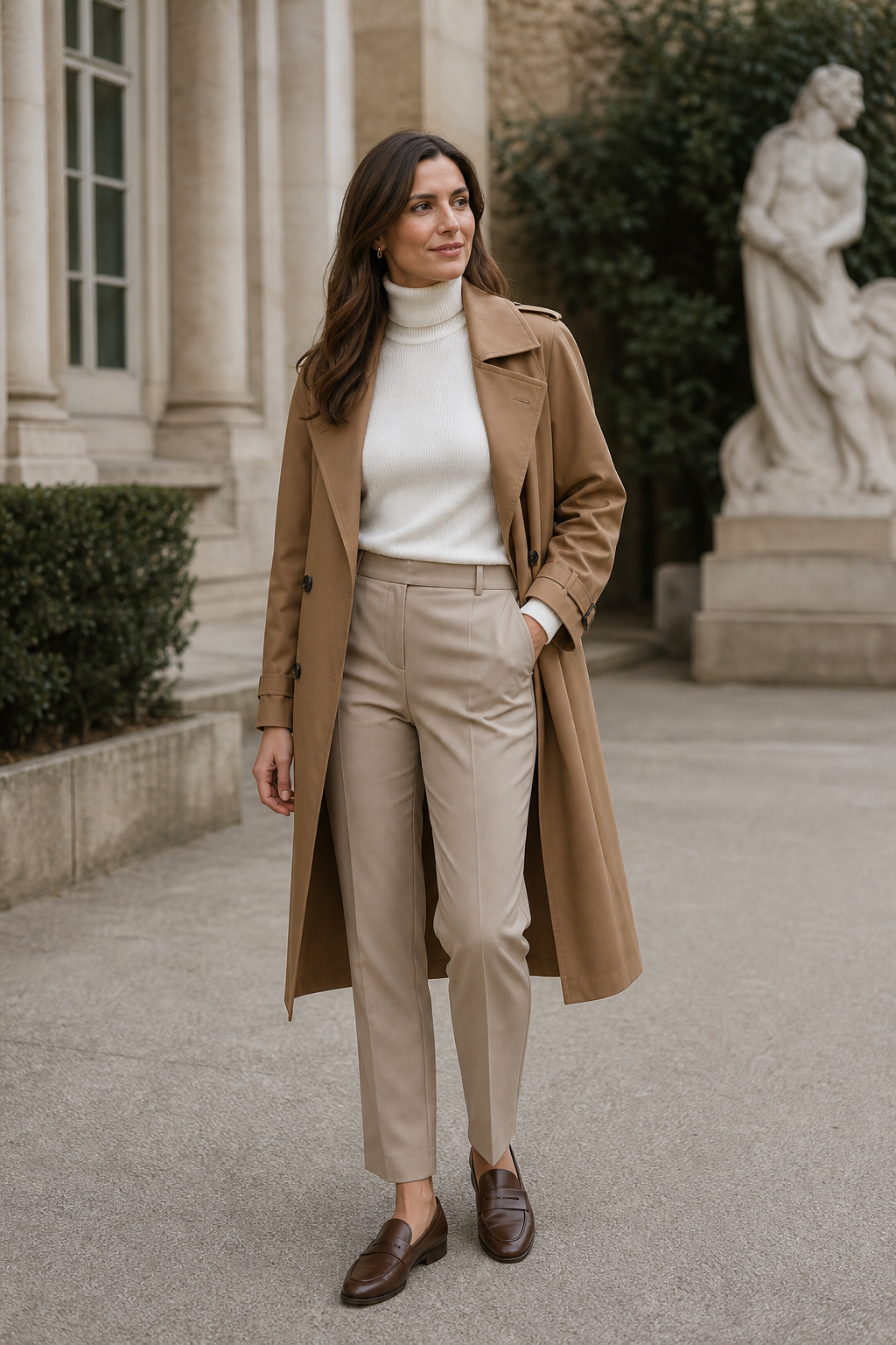 Woman in a camel trench coat, white turtleneck, beige trousers, and brown loafers stands outdoors near classical architecture and a statue.