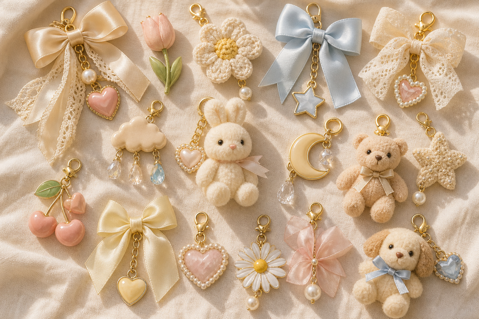 A collection of pastel-colored charms on a cream fabric, including ribbon bows, plush teddy bears and bunnies, hearts, stars, flowers, cherries, and a cloud with raindrops.