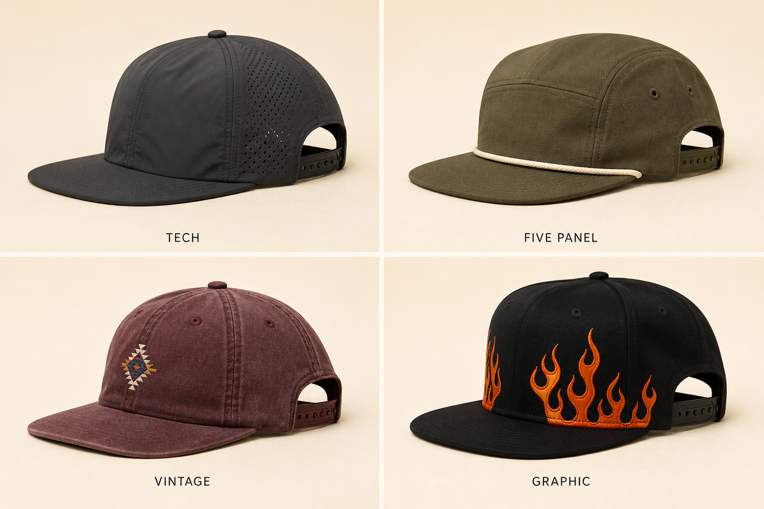 Four cap styles: black Tech with perforated back, olive Five Panel with rope trim, maroon Vintage with geometric embroidery, and black Graphic with orange flame design.