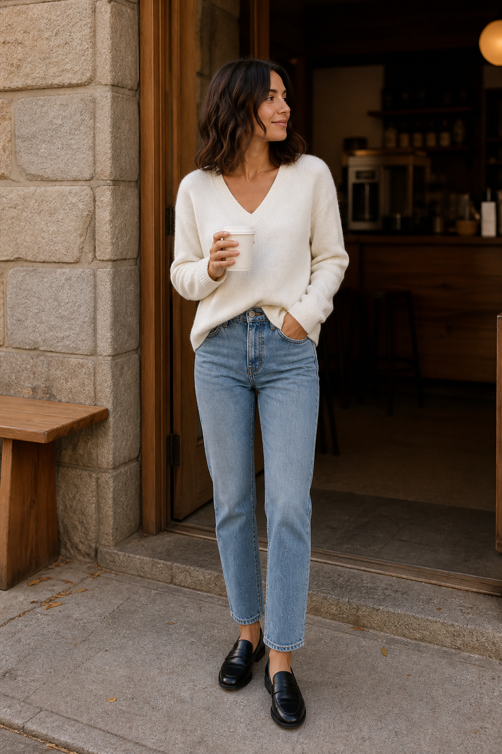 A woman in a white V-neck sweater, blue jeans, and black loafers stands outside a cafe holding a white coffee cup with one hand in her pocket.