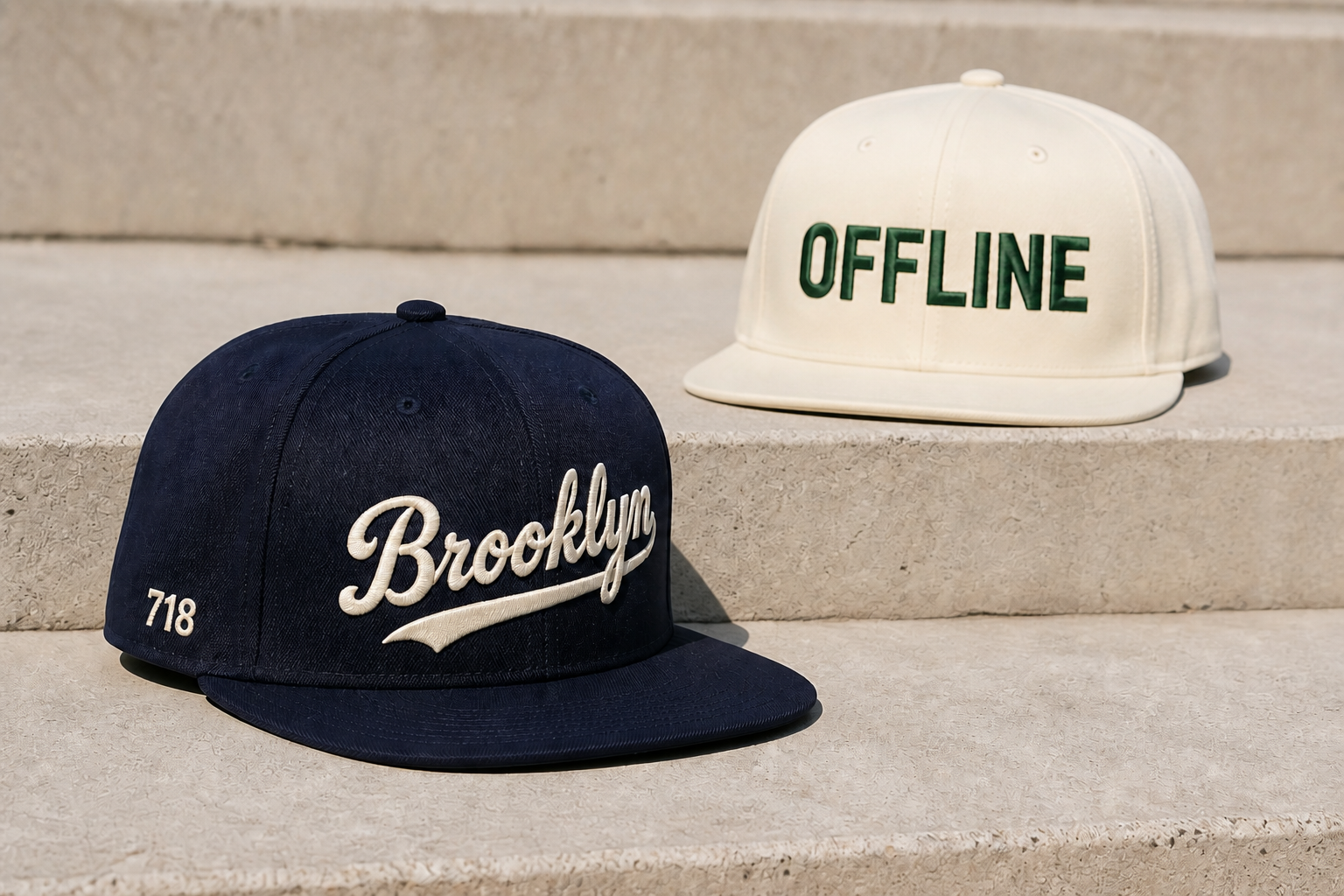 A navy snapback with "Brooklyn" in cream script and "718" on the side sits below a cream cap embroidered with "OFFLINE" in green block letters on concrete steps.
