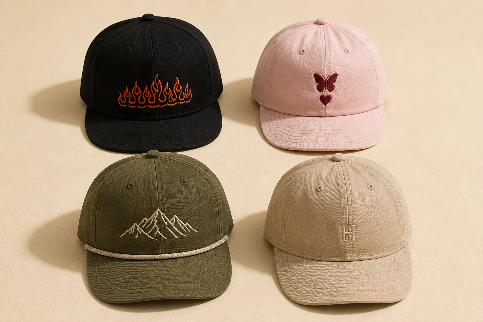 Four baseball caps: black with orange flames, pink with butterfly and heart, olive green with mountains and rope trim, and beige with an embroidered "H".