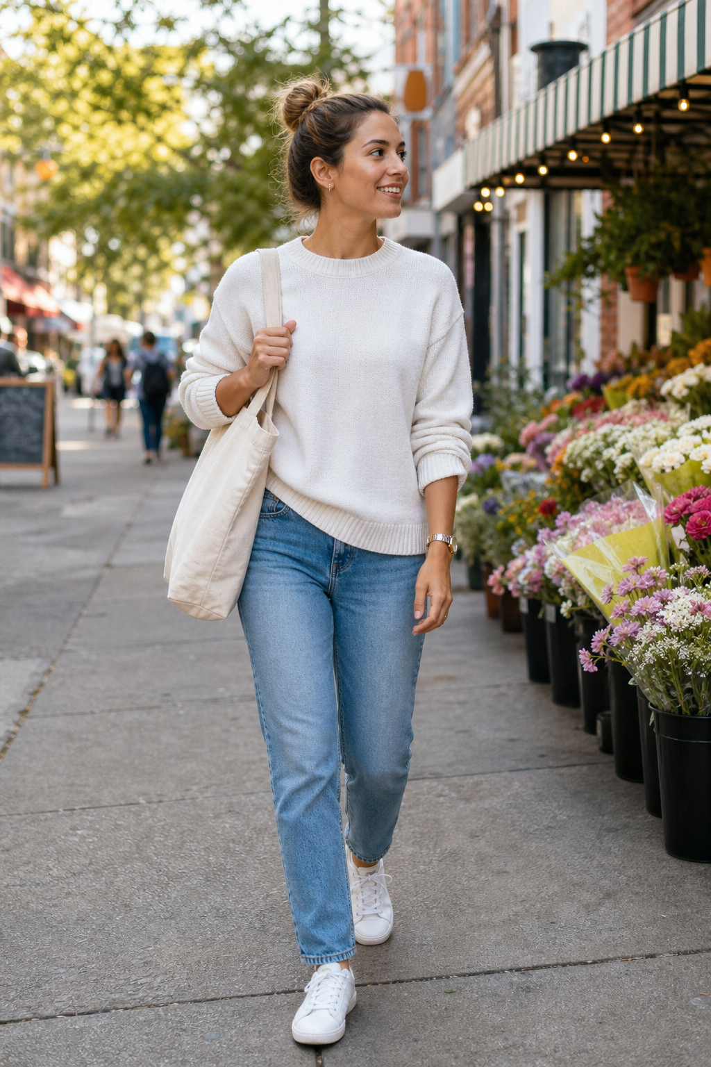 A smiling woman in a white sweater, blue jeans, and white sneakers walks down a sidewalk carrying a tote bag, passing colorful flower displays outside a shop.
