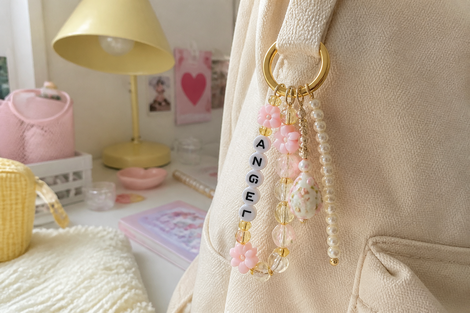 A beaded bag charm on a gold ring features pink flowers, pearls, and white beads spelling "ANGE," hanging from a cream textured bag against a pastel desk background.