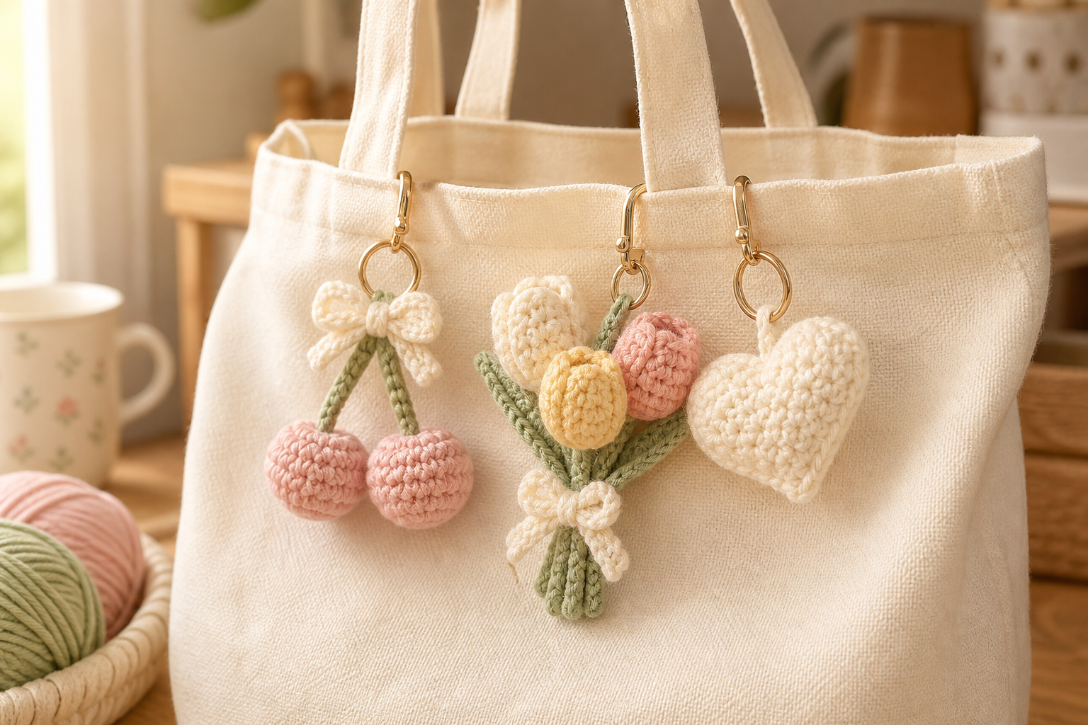 Crocheted charms hang from a cream canvas bag: pink cherries with a bow, a pastel tulip bouquet, and a white heart. Yarn balls sit nearby.