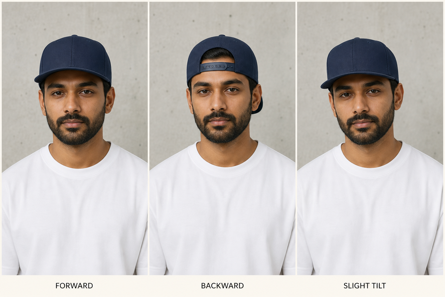 A man models a navy cap in three styles: labeled "FORWARD" with the brim front, "BACKWARD" showing the adjustable strap, and "SLIGHT TILT" angled to the side.