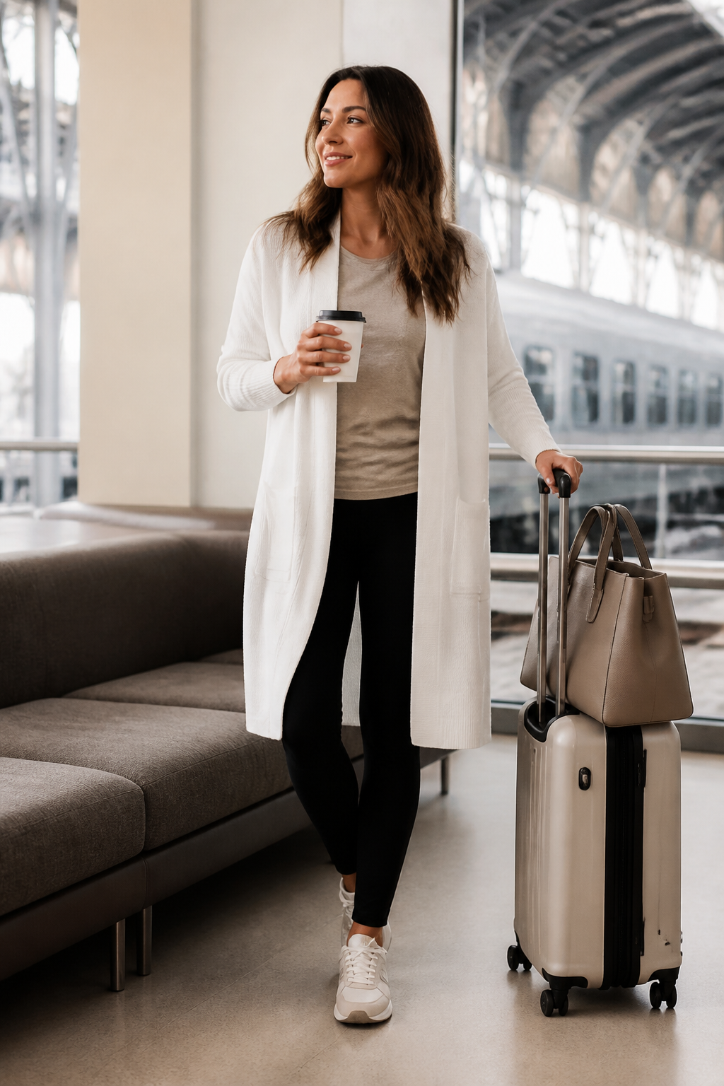 Smiling woman in a white cardigan holds a coffee cup and pulls a beige suitcase with a handbag on top through a train station terminal.