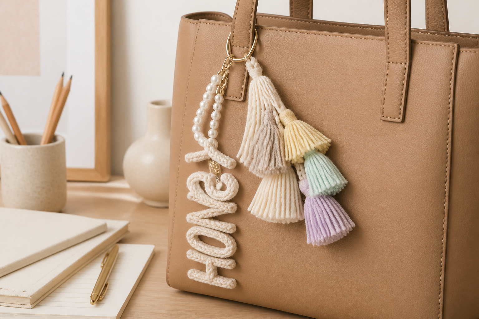 Tan tote bag features a keychain with knitted "HOME" text, pearls, and pastel tassels. Background shows notebooks, pencils, and a vase on a desk.