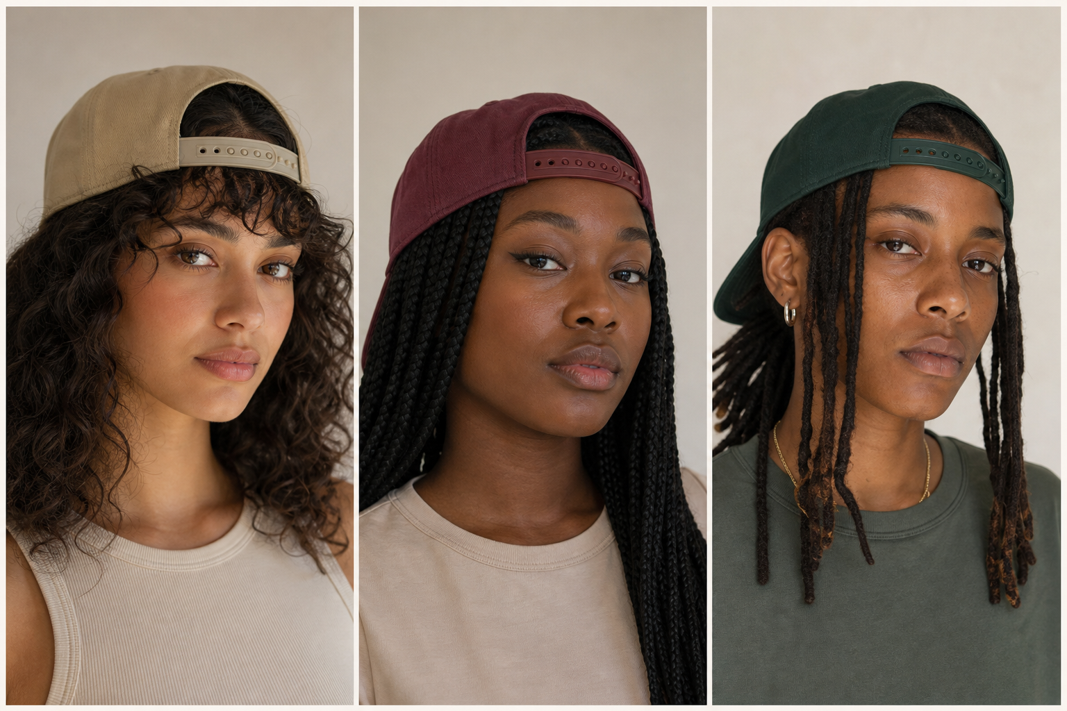 Triptych of three diverse women wearing backward baseball caps: a woman with curly hair in beige, one with braids in maroon, and one with dreadlocks in green.
