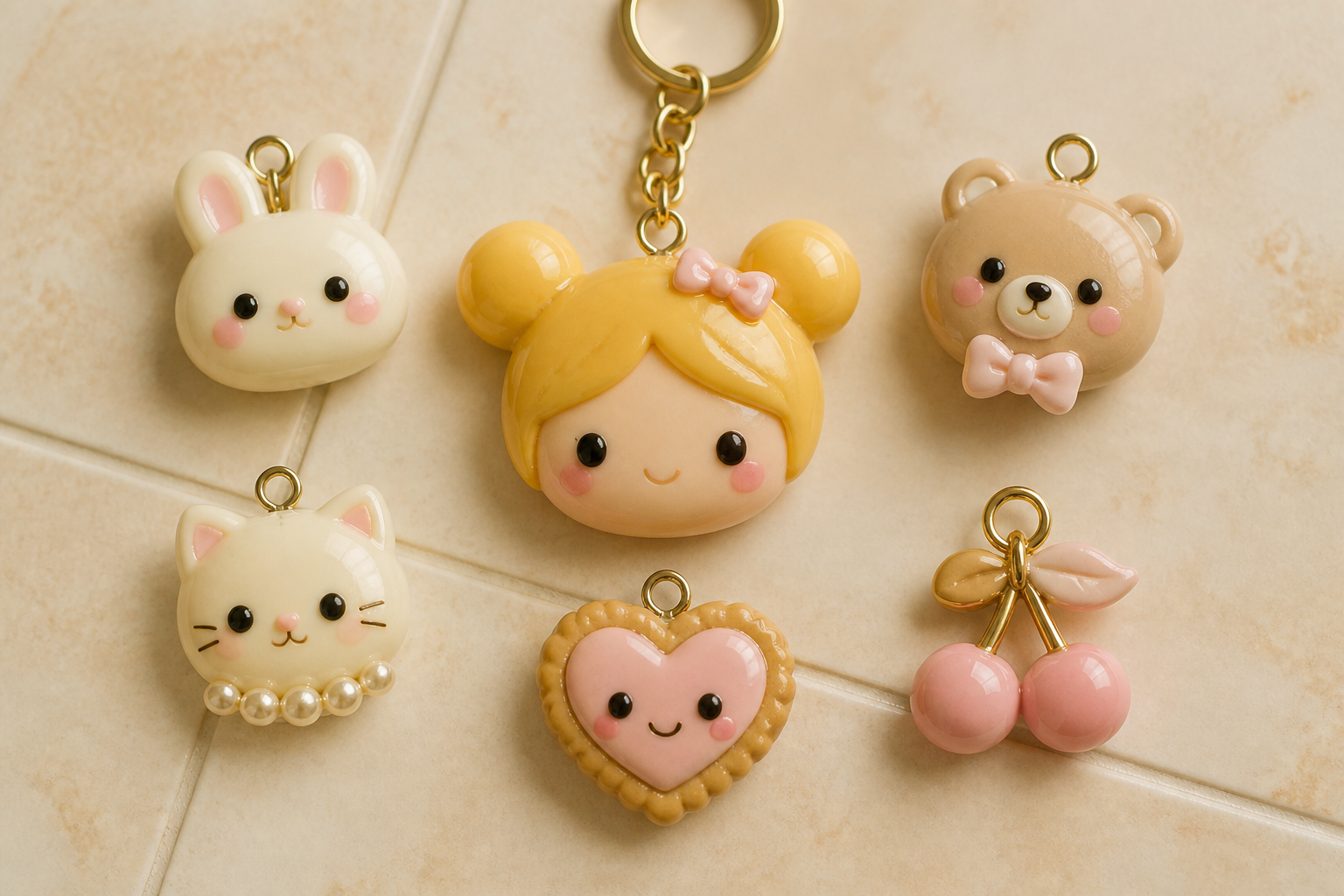 Six kawaii resin charms on a tile surface: a bunny, girl with blonde buns attached to a keychain, bear with bow, cat with pearls, smiling heart cookie, and pink cherries.