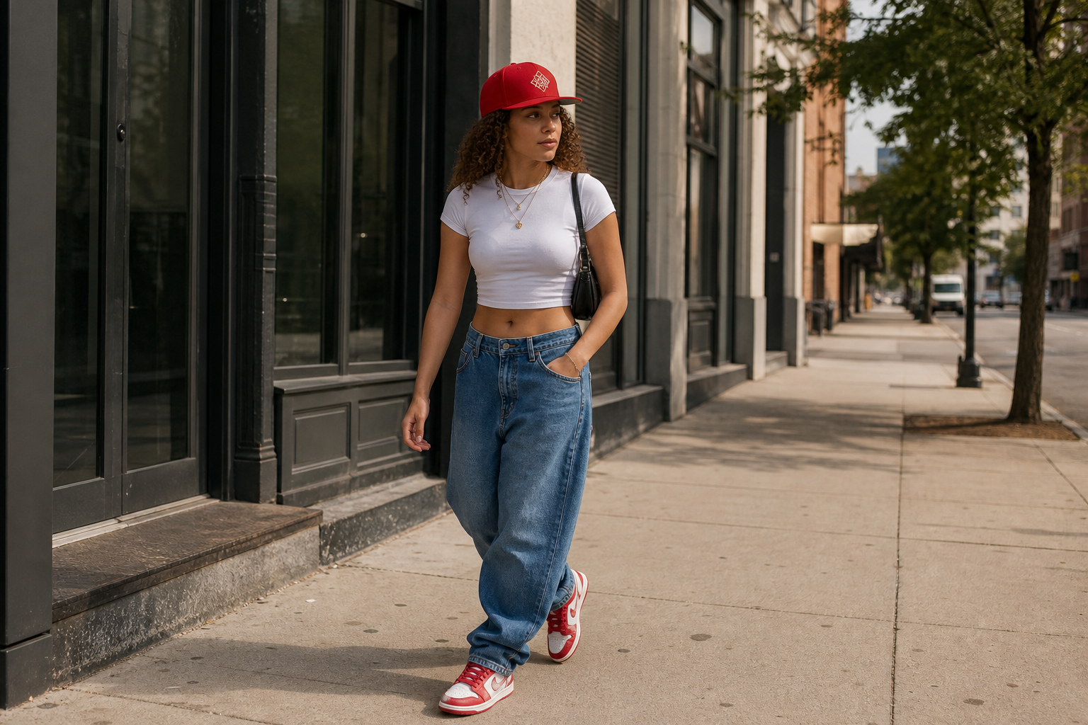 A woman with curly hair walks down a city sidewalk wearing a red cap, white crop top, baggy blue jeans, and red sneakers. She carries a black shoulder bag and has one hand in her pocket.