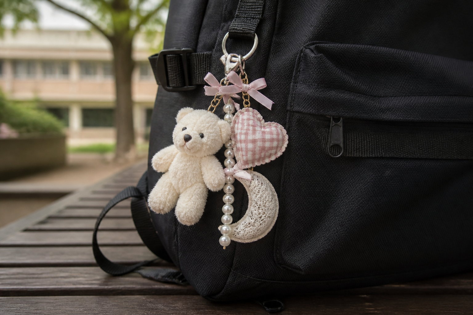 Black backpack on a wooden bench features a charm keychain with a cream teddy bear, pink gingham heart, lace moon, and pearl strand.