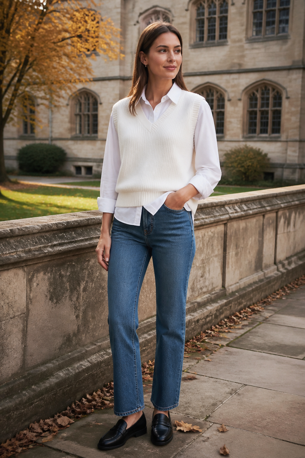 Woman in white knit vest, button-down shirt, blue jeans, and black loafers stands by a stone wall with autumn leaves and a gothic building in the background.