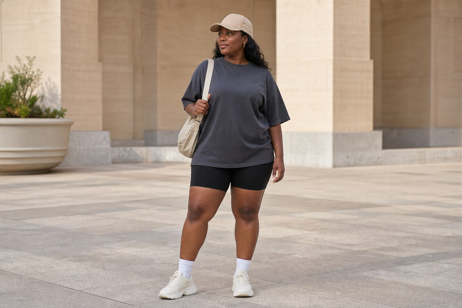 A woman stands outdoors wearing a grey oversized t-shirt, black biker shorts, white socks, cream sneakers, and a beige cap. She holds a matching shoulder bag against a stone building background.