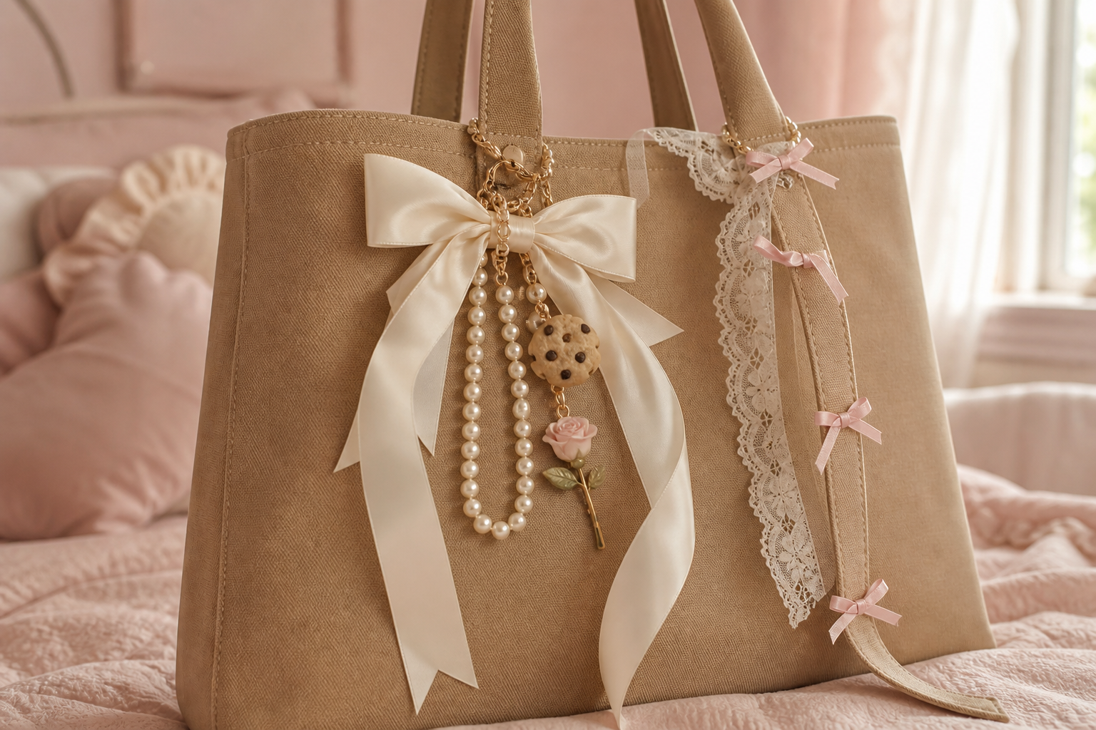 Beige tote bag decorated with a large cream satin bow, pearl chain, cookie charm, pink rose keychain, and lace ribbon with small pink bows on a pink bed.