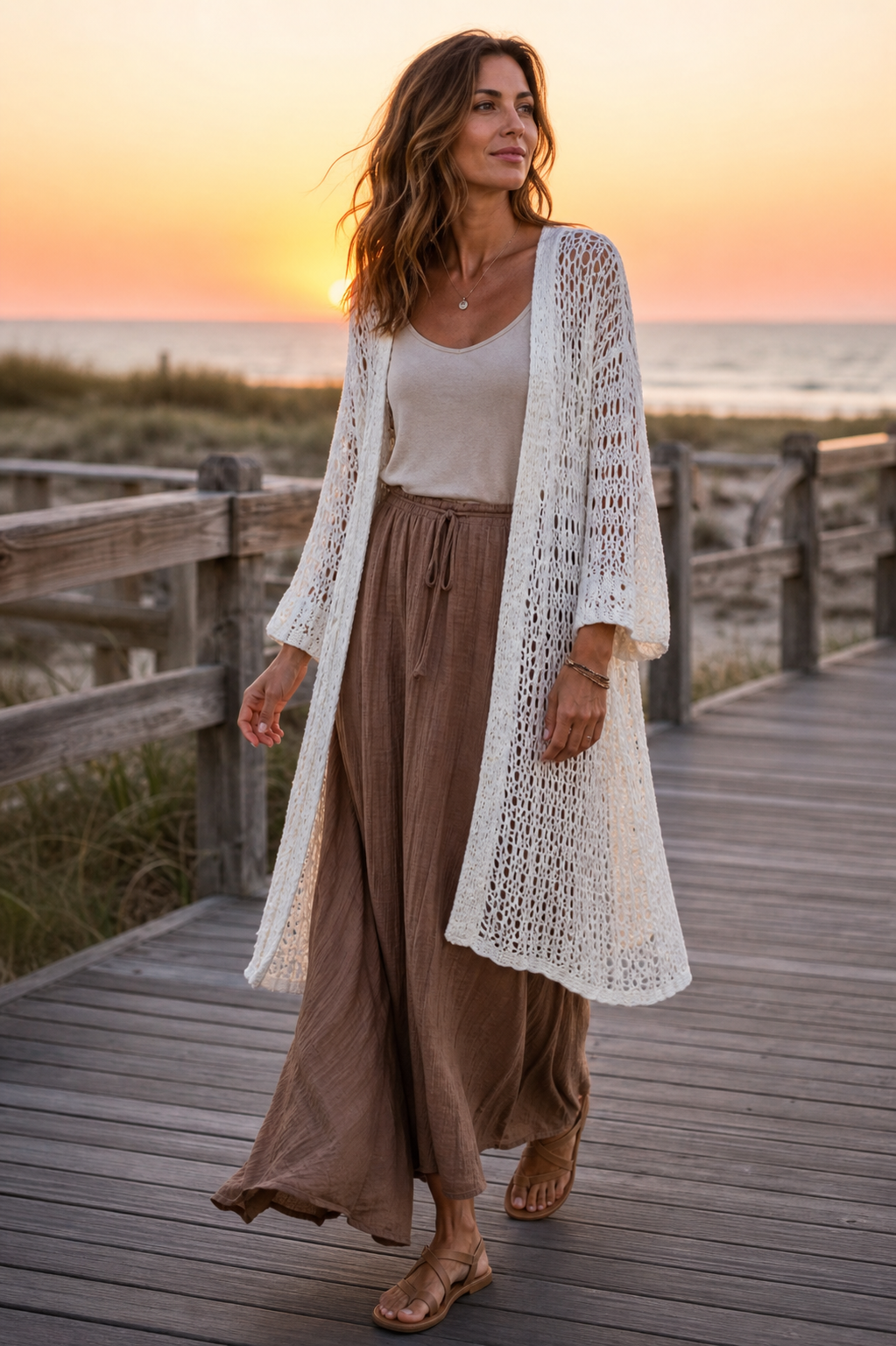 Woman walking on a wooden boardwalk at sunset wearing a long white crochet cardigan, beige top, and brown wide-leg pants with sandals.