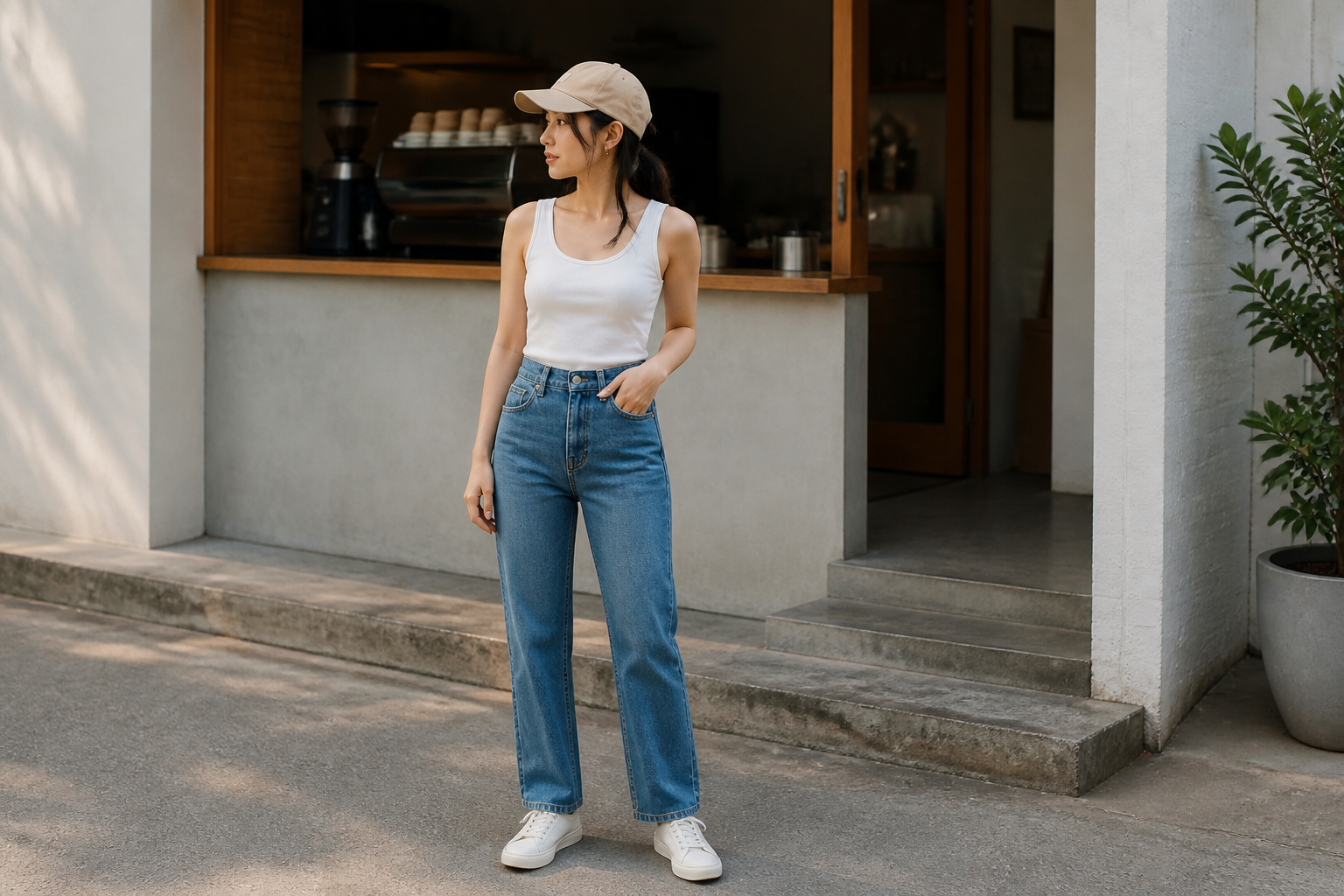 A woman in a beige cap, white tank top, blue jeans, and white sneakers stands outside a cafe with one hand in her pocket, looking to the side.