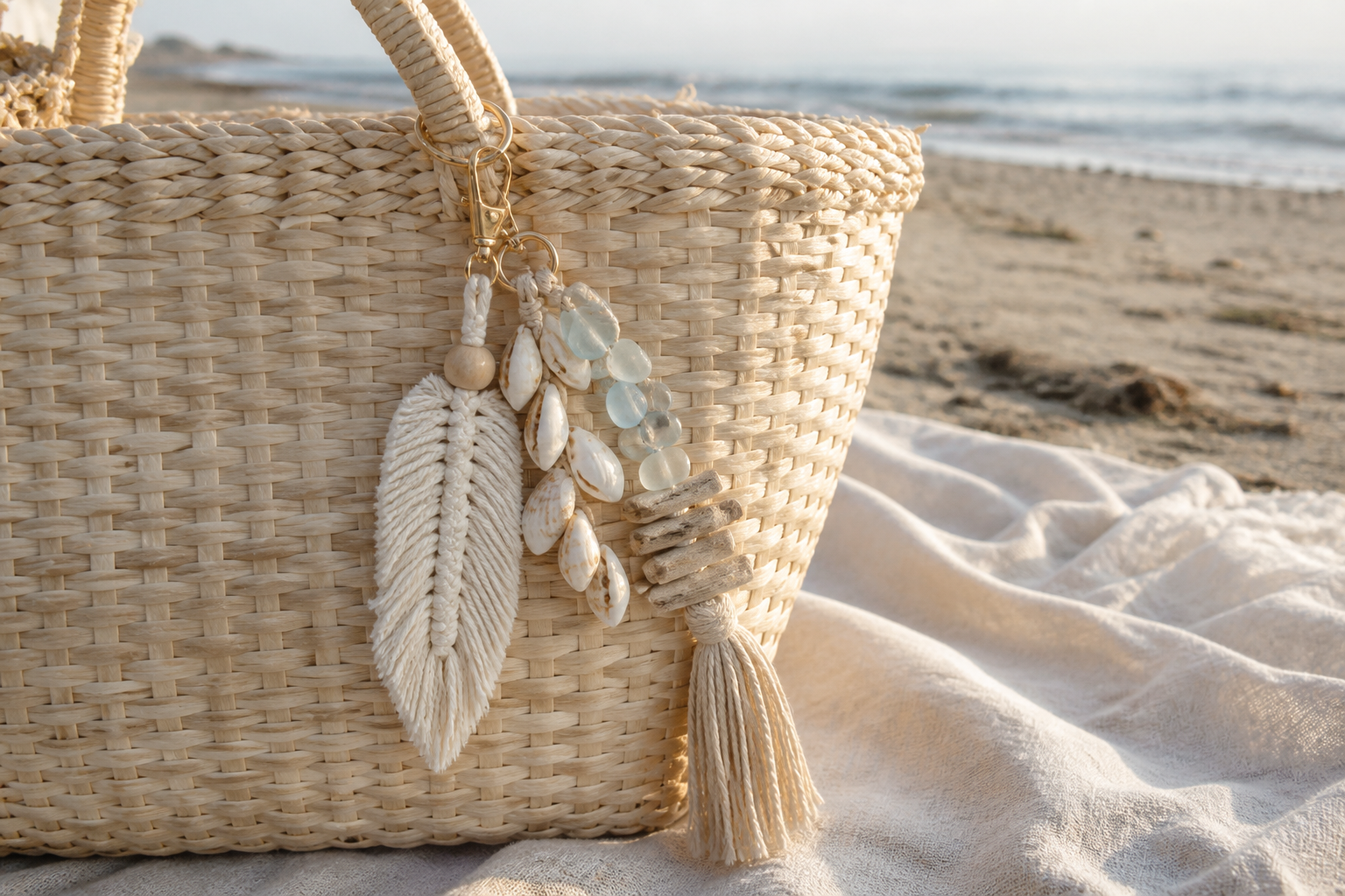 A woven straw beach bag adorned with a macrame leaf, cowrie shells, blue beads, and driftwood tassel, resting on linen near the ocean.