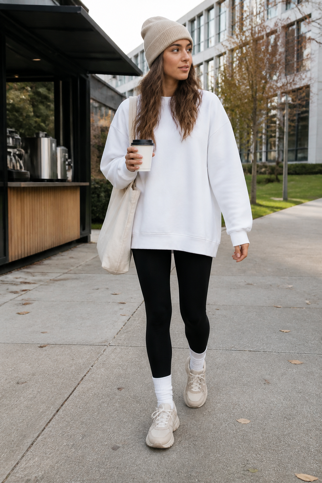 Woman in beige beanie, white sweatshirt, black leggings, and sneakers walks outdoors holding a coffee cup and canvas tote bag near a modern building.